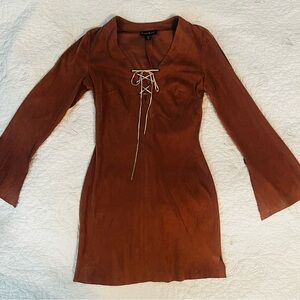 bebe Rust Long Sleeve Lace-Up Dress
